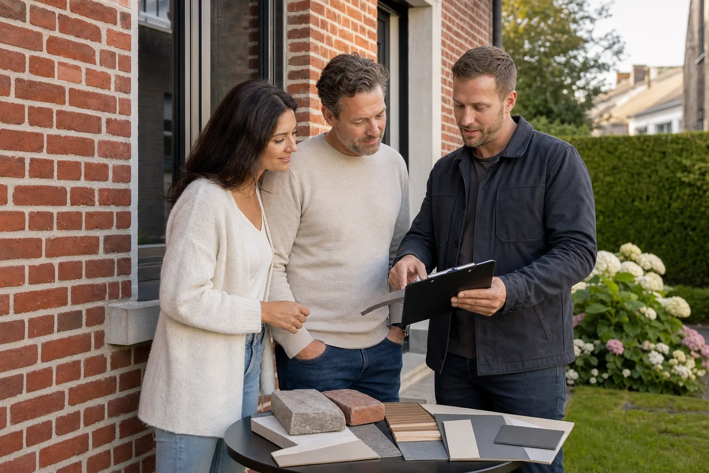 Eigenaars bespreken hun gevelrenovatie met een gevelspecialist