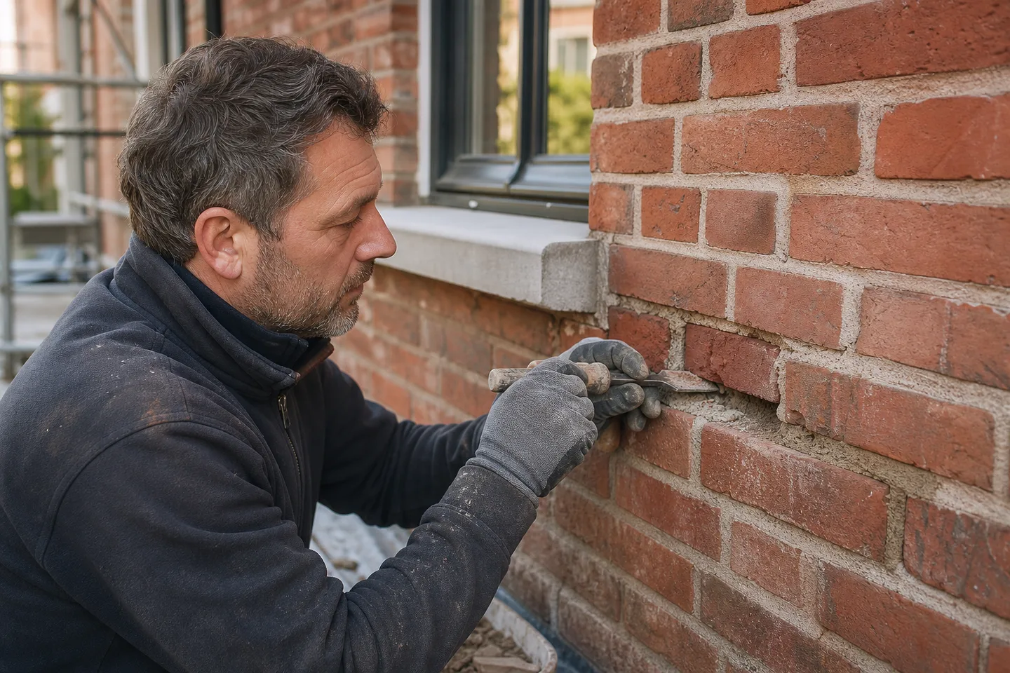 Metselaar herstelt beschadigde stenen en voegen van een gevel