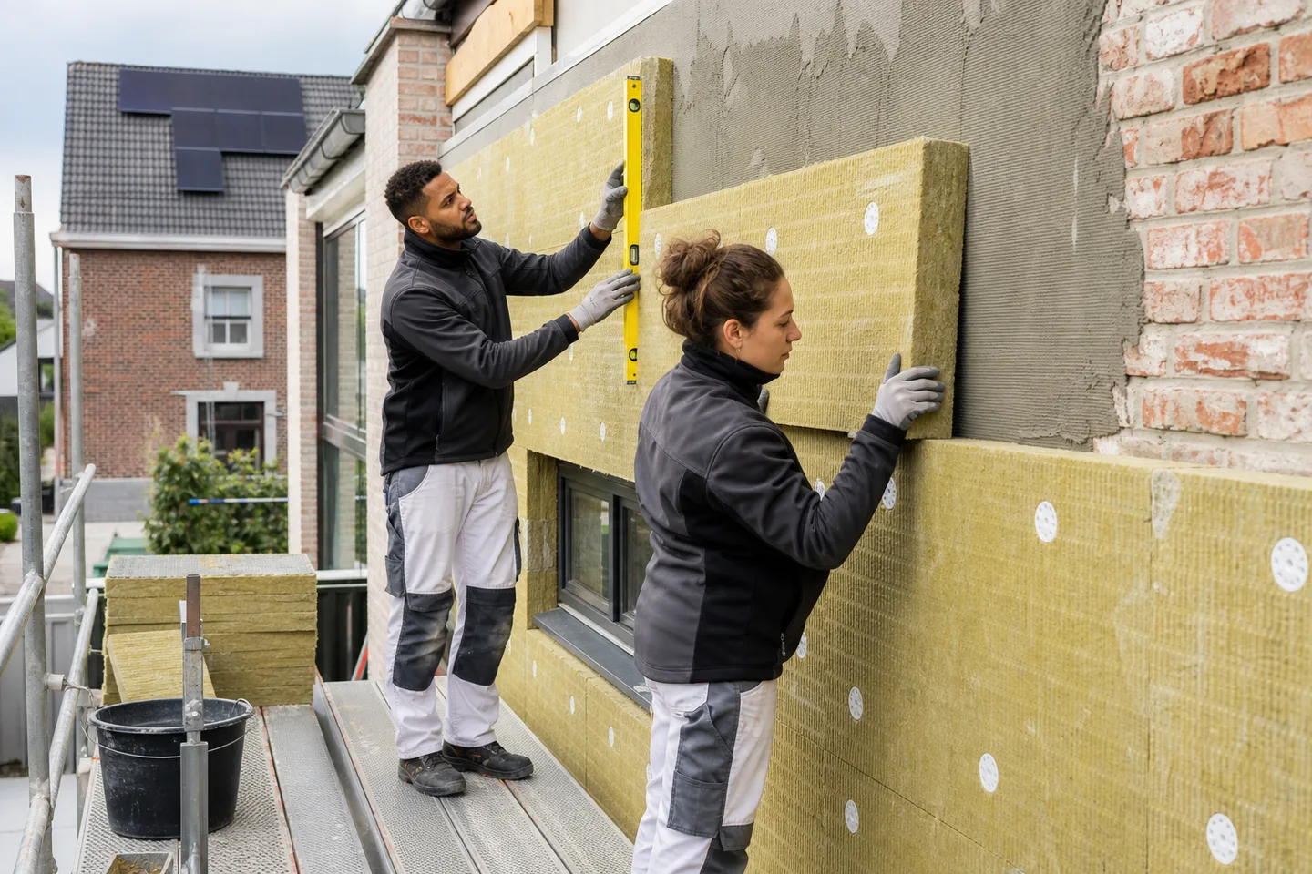 Twee vakmensen plaatsen buitengevelisolatie op een Vlaamse woning