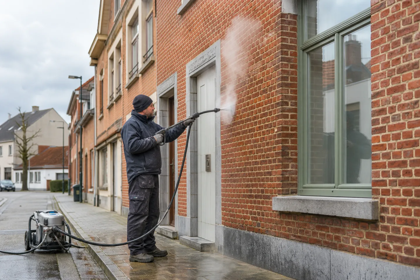 Vakman reinigt een Vlaamse bakstenen gevel met stoom